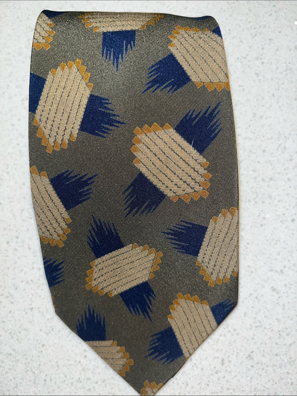 Giorgio Armani Olive Silk Tie with Navy and Tan Geometric Motif